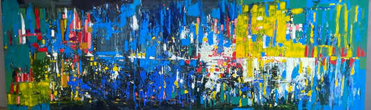 Oil on canvas painting by Lebanese artist Louma Rabah done in 2023 and measuring 100 x 300 cms